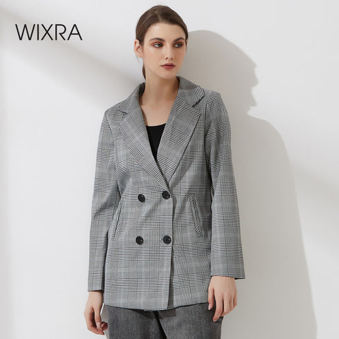 Wixra Women Plaid Casual Double Breasted Blazer Coat Turn Down Collar Pockets Female OL Chic Tops Hot