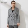 Wixra Women Plaid Casual Double Breasted Blazer Coat Turn Down Collar Pockets Female OL Chic Tops Hot