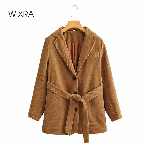 Wixra Womens Corduroy Blazer Sashes Jacket Spring Autumn Single Breasted Notched Collar Long Sleeve Coat Office Lady Outerwear