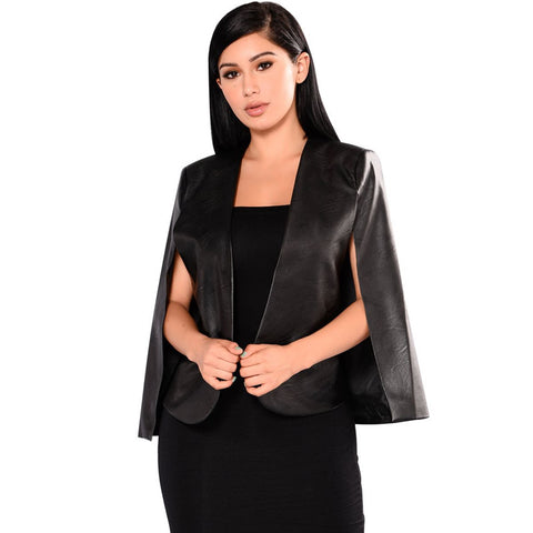 Fashion Blazer Women Coat Cloak Cape Black Lapel Split Long Sleeve Vogue PU Faux Leather Casual Jacket Female