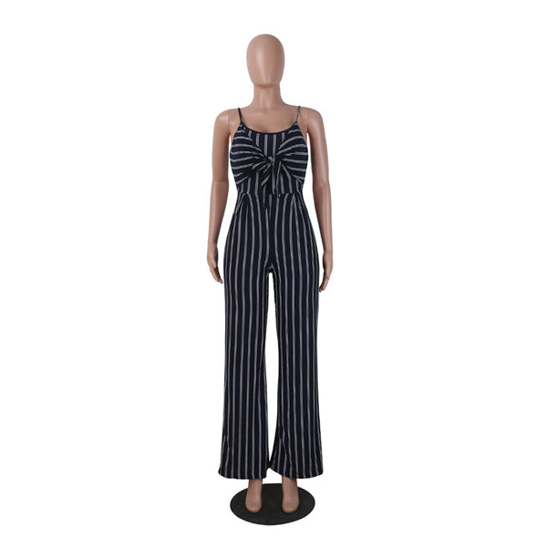 Sexy Bow Strap Striped Jumpsuit Wide Legs Summer Sleeveless Backless Off Shoulder High Split Rompers Womens Jumpsuits
