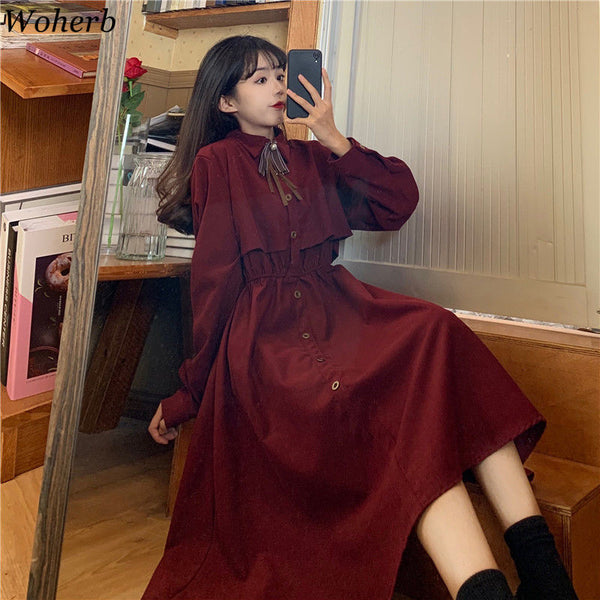 Woherb Elegant Dress Women Spring Autumn Robe Bow Lace Up Midi Long Dresses Female Casual Korean 2023 Clothing Vestidos
