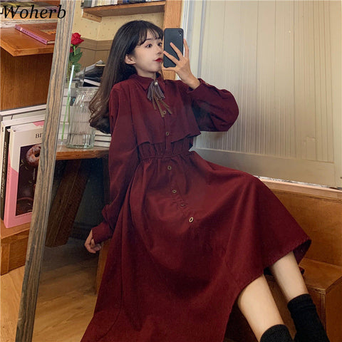 Woherb Elegant Dress Women Spring Autumn Robe Bow Lace Up Midi Long Dresses Female Casual Korean 2023 Clothing Vestidos