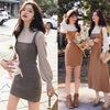 Woherb Women Fake Two Pieces Patchwork Knitted Dress Chic Korean Stretch Bodycon Dresses Female Spring Autumn Vestidos