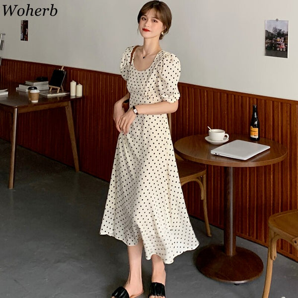 Woherb Korean Vintage Women Long Dress Puff Sleeve V-neck Polka Dot A-line Dresses Elegant  Ladies Vestidos Femme