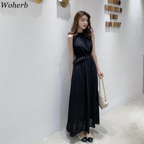 Woherb Sexy Chiffon Dress Women Summer 2022 Halter Sleeveless Dresses Korean Chic Slim Waist Vestidos Maxi Beach Dress 25494