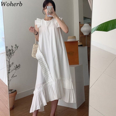 Woherb Summer  Casual Sleeveless Tank Maxi Dress Women  Ins Ruffle Patch Loose Vintage Dress Chic Robe Femme
