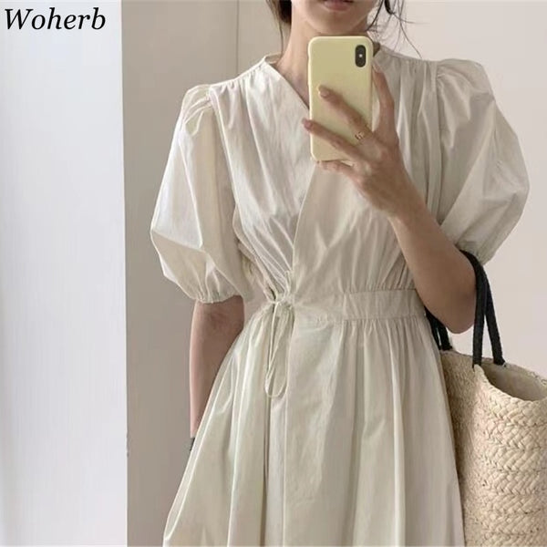 Woherb V-neck White Elegant One-piece Dress Women Short Puff Sleeve Slim Robe Female Vintage Korean 2022 Summer Chic Vestidos