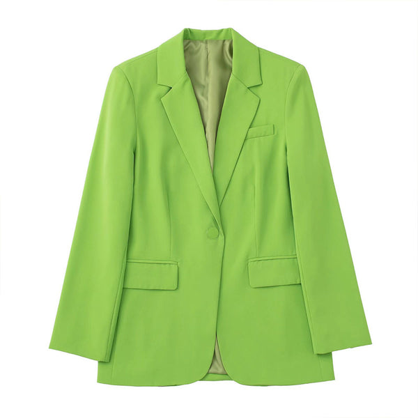 Woman 2023 Summer Casual Green Straight Blazer Retro Flip Pocket Long Sleeve Button Female Jacket Chic Top Mujer
