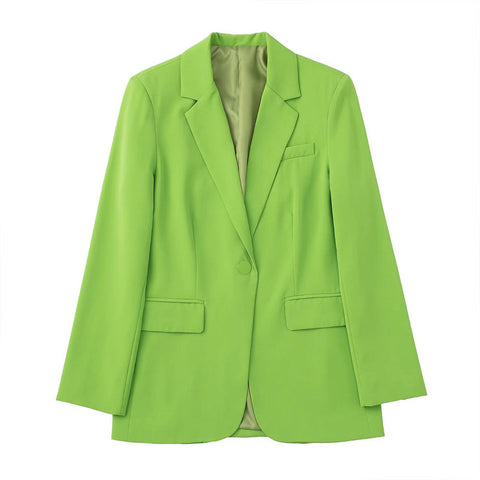 Woman 2023 Summer Casual Green Straight Blazer Retro Flip Pocket Long Sleeve Button Female Jacket Chic Top Mujer