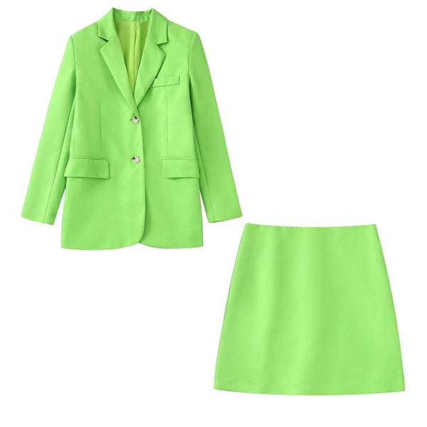 Woman Casual Green Loose Blazer Suit 2023 Spring High Street Matching Sets Ladies Elegant High Waisted A-Line Mini Skirt Sets