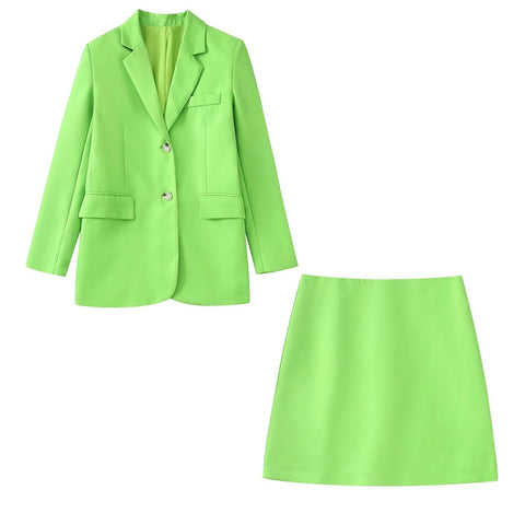 Woman Casual Green Loose Blazer Suit 2023 Spring High Street Matching Sets Ladies Elegant High Waisted A-Line Mini Skirt Sets
