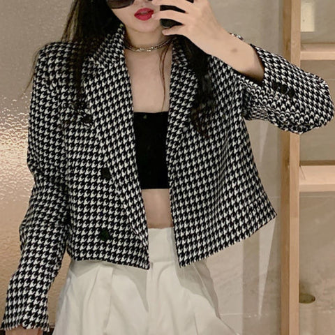 Woman Causal Plaid Short Blazer Houndstooth Jacket