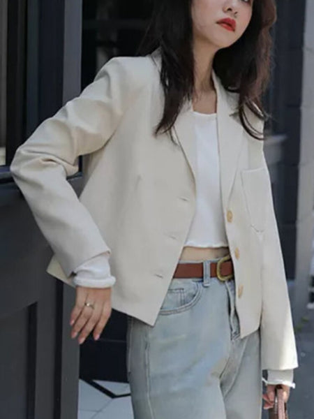 Woman Causal Solid Short Blazer White Black Jacket
