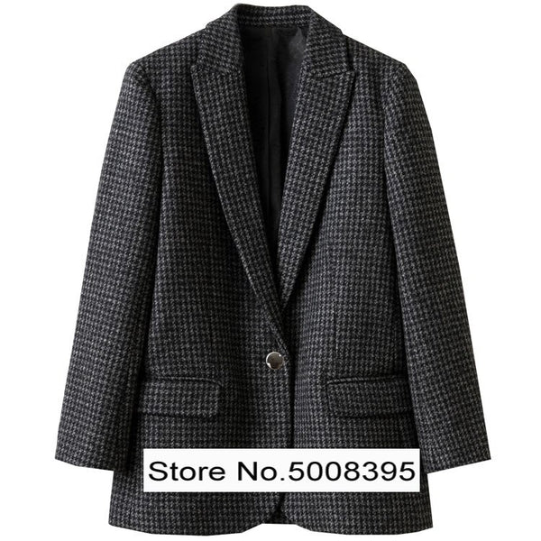 Woman Dark Grey Houndstooth Wool Blend Blazer Single Button Long Sleeves Suit