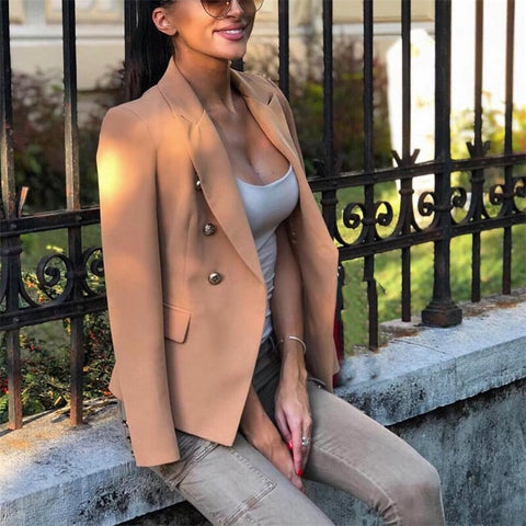Woman Elegant Camel Slim Double Breasted Blazer 2023 Autumn Female Chic Basic Solid Soft Blazers Ladies High Street Outwear