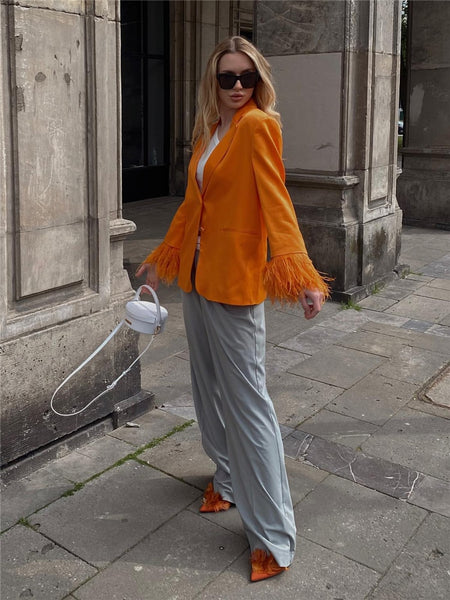 Woman Elegant Orange Fur Patchwork Blazer 2023 Spring Chic Female Solid Button Blazers Ladies High Street Straight Blazers