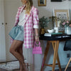 Woman Elegant Pink Loose Cotton Plaid Blazer Suit 2022 Spring Female High Waisted Skirt Suits Ladies Streetwear Matching Sets