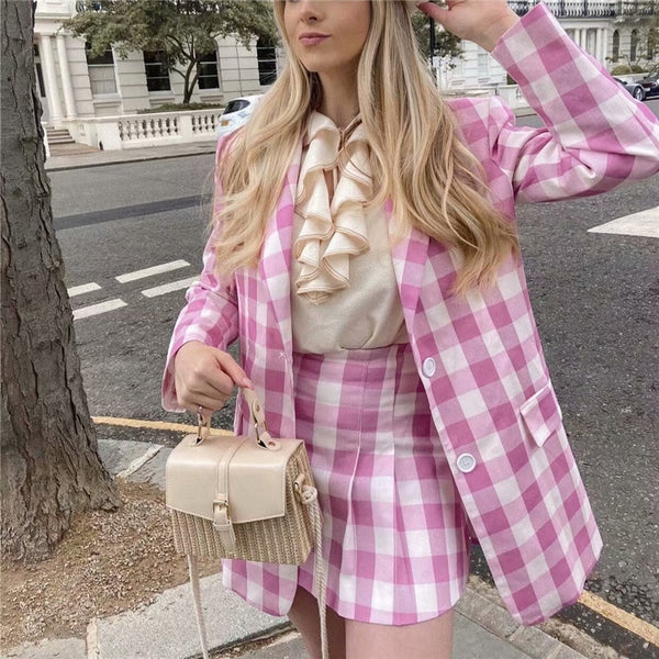 Woman Elegant Pink Loose Cotton Plaid Blazer Suit 2022 Spring Female High Waisted Skirt Suits Ladies Streetwear Matching Sets