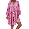 Woman Dress Beach Women Casual Mini Dress Cactus Print Ruffled Women V Neck Long Sleeve Buttons Dress Women Clothing