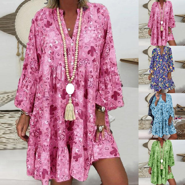 Woman Dress Beach Women Casual Mini Dress Cactus Print Ruffled Women V Neck Long Sleeve Buttons Dress Women Clothing
