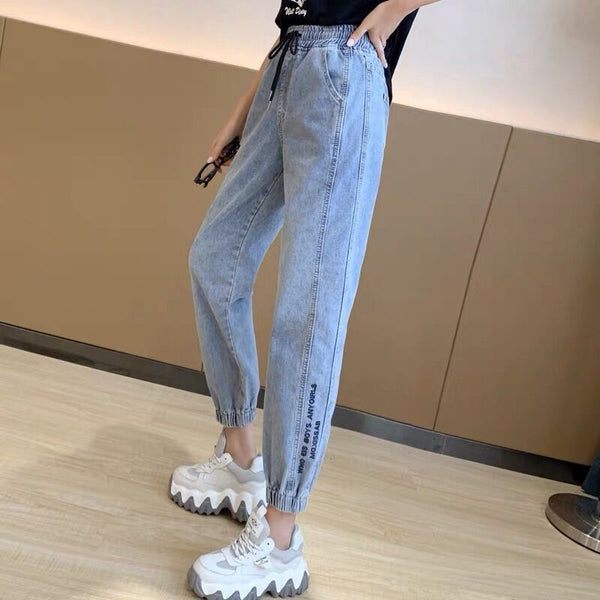 Woman Jeans Pants Elastic Waist Loose Cropped 2022 Spring Thin Straight High Waist Mickey Ankle Banded Pantalones Vaqueros Mujer