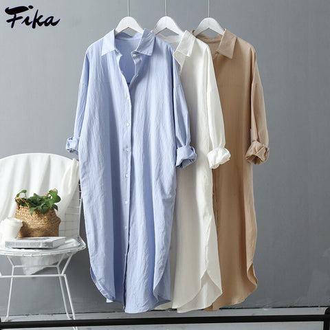 Woman Long Shirt Dress Cotton Korean Clothing White Boho Beach Big Maxi Blue Dresses Spring Summer 2022 Oversized Robe