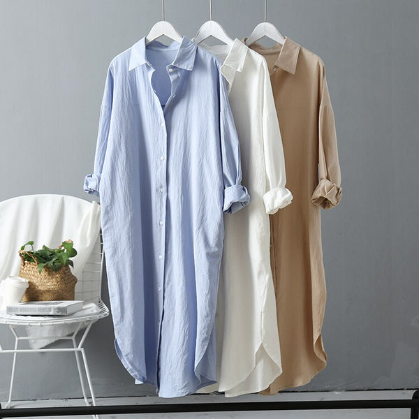 Woman Long Shirt Dress Cotton Korean Clothing White Boho Beach Big Maxi Blue Summer 2022 Autumn Oversized Pure Dresses
