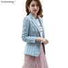 Woman Pink Apricot Plaid Blazer Autumn Winter Outwear Casual Jackets Female Slim Single Button Coat For Girl S-4XL
