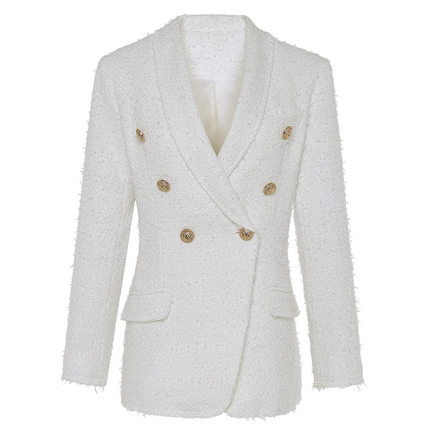 Woman Suit Jacket Beige Black Double Breasted Woolen Tweed Suit Metal Buttons Lapel Collar Long Sleeve Elegant OL Jacket 2023