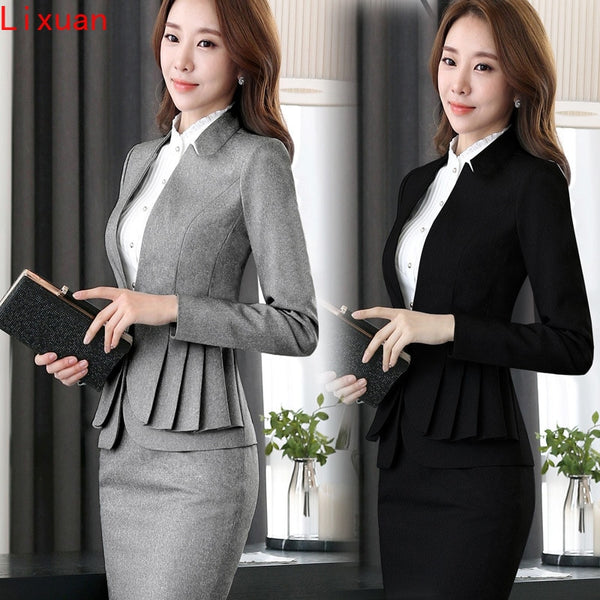 Woman Suit Skirt Jacket Ropa Oficina Mujer Elegant Full Sleeve Ruffle Pleated jackets and blazers 2 Pieces Work Office Suite