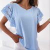 Woman T Shirts Casual Loose Ruffle Short Sleeve Tops Summer Hollow Out Stitching O Neck T Shirt Solid Women Blouses