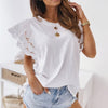 Woman T Shirts Casual Loose Ruffle Short Sleeve Tops Summer Hollow Out Stitching O Neck T Shirt Solid Women Blouses