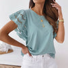 Woman T Shirts Casual Loose Ruffle Short Sleeve Tops Summer Hollow Out Stitching O Neck T Shirt Solid Women Blouses