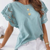 Woman T Shirts Casual Loose Ruffle Short Sleeve Tops Summer Hollow Out Stitching O Neck T Shirt Solid Women Blouses