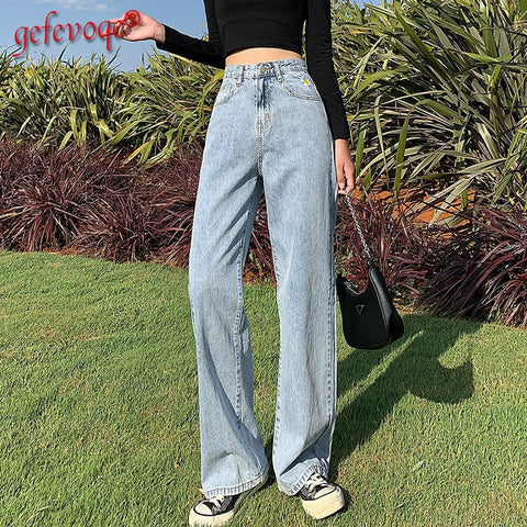Woman's Jeans 2022 Y2k Vintage Korean Streetwear Harajuku Clothes High Waist Straight Baggy Pants Casual Denim Trousers