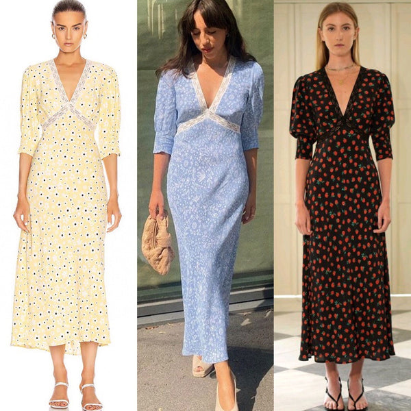 Women 100% Viscose Daisy Print Midi Dress Lace Stitching V-Neck Slim Holiday Puff Sleeve High Waist Ankle-Length Long Dresses