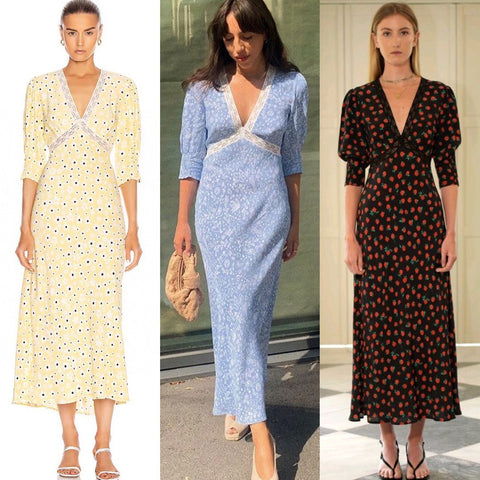 Women 100% Viscose Daisy Print Midi Dress Lace Stitching V-Neck Slim Holiday Puff Sleeve High Waist Ankle-Length Long Dresses