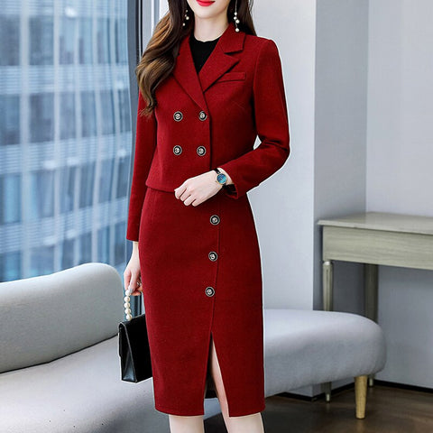 Women 2 Piece Set Short Double Breasted Blazer Vintage Texture Wool Coat Office And Elegant High-Waisted Pencil Split Skirt Suit