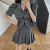 Women 2 Piece Set Suit Short Sleeve Drawstring Blazer And Mini Skirt Elegant High Waist Chic Woman Blazer Skirt Set