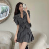 Women 2 Piece Set Suit Short Sleeve Drawstring Blazer And Mini Skirt Elegant High Waist Chic Woman Blazer Skirt Set