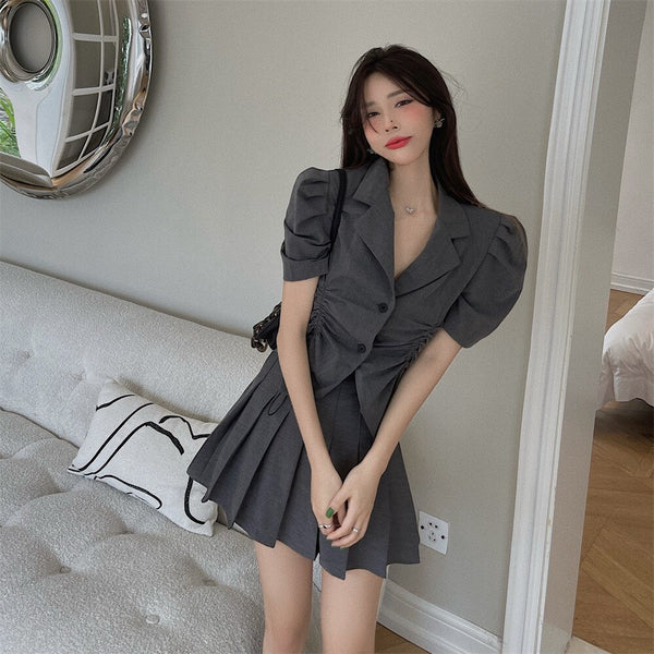 Women 2 Piece Set Suit Short Sleeve Drawstring Blazer And Mini Skirt Elegant High Waist Chic Woman Blazer Skirt Set