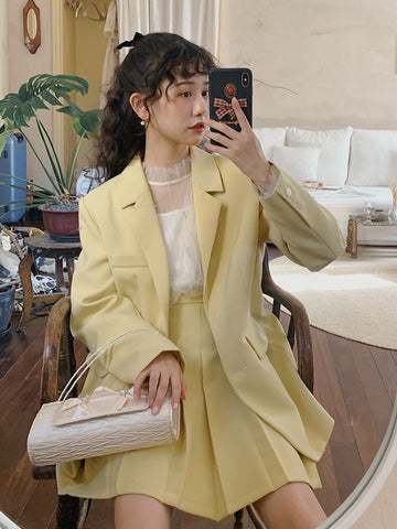 Women 2 Piece Set Yellow Mori Girl Blazer Set Preppy Style Solid Color Two Buttons Coat + Short Pleatd Skirt 2pcs Set Autumn