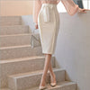 Women 2 Piece Sets Lantern Sleeve Pink Blouse Tops+Bow Draped White Skirt Office Ladies Slim Bodycon Knee-length Skirt Sets