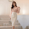 Women 2 Piece Sets Lantern Sleeve Pink Blouse Tops+Bow Draped White Skirt Office Ladies Slim Bodycon Knee-length Skirt Sets