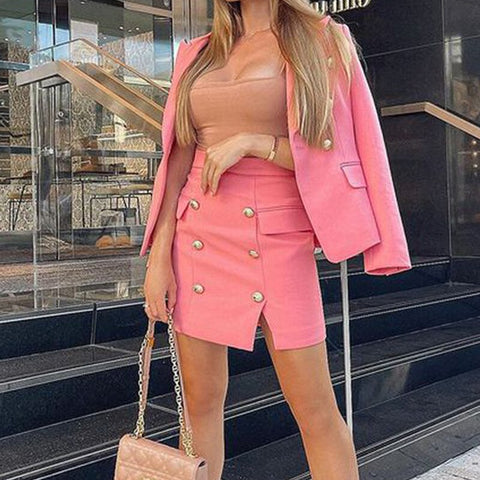 Women 2 Pieces Skirt Set Office Ladies Smart Casual Suit Pink Long Sleeve Suit Blazer + Short Skirt Matching Set
