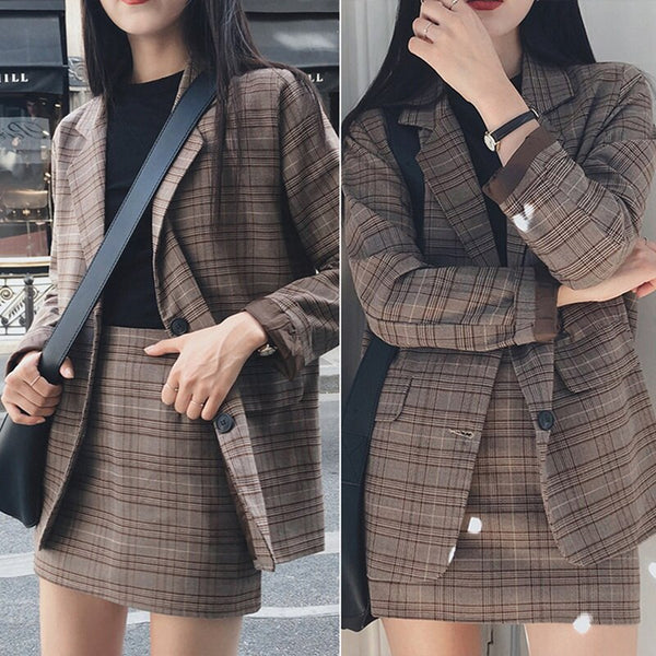 Women 2 Pieces Skirt Suit Female Office Ladies Blazer Suit Retro Plaid Set Single-Breasted Jacket Pencil Skirts