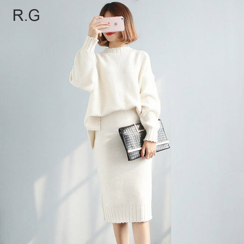 Women 2 Pieces Sweater Dress Set Knitting Long Sleeve Office Wear Black White Red Pullover Knit Split Skirt Clothing Suit 2022