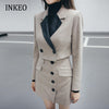 Women 2 piece set Blazer Pockets skirt Khaki Fall Suit Elegant Buttons Jacket Short coat clothing Female Korean Chic INKEO 2O026
