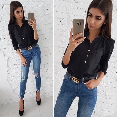 Women 2022 Casual Buttons Pockets Blouses Three Quarter V neck Solid Vintage Shirt Autumn New Fashion Women Tops And Blouse